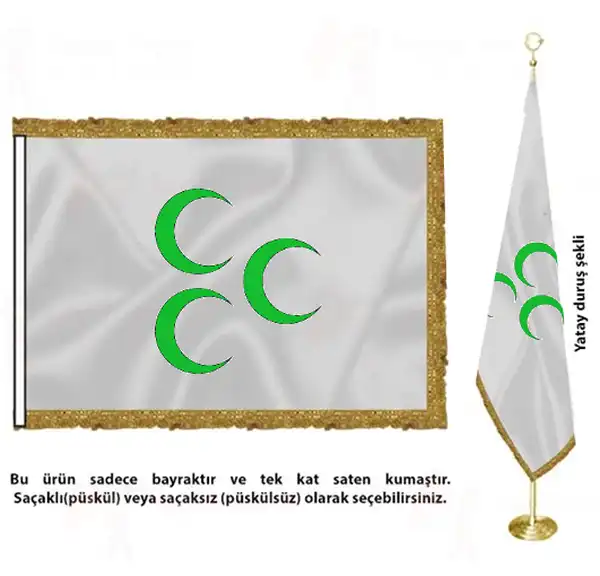 Üç Hilal Yeşil Saten Kumaş Makam Bayrağı